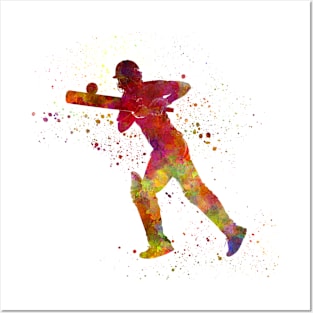 Cricket player batsman silhouette in watercolor Posters and Art